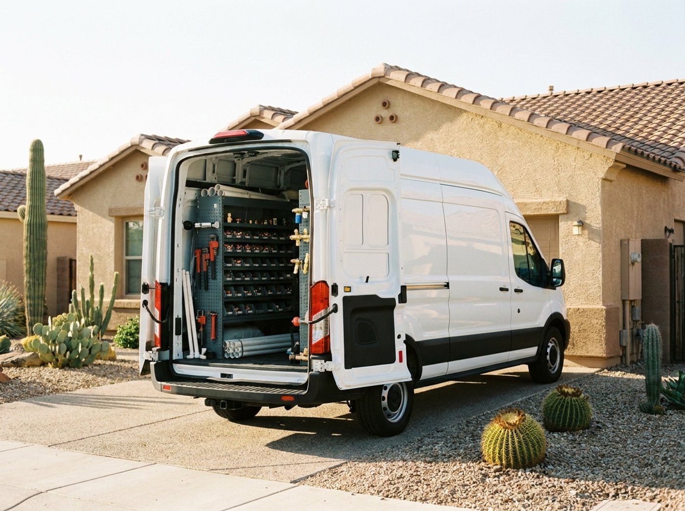 A Copper State work van stocked with plumbing parts outside an East Valley home
