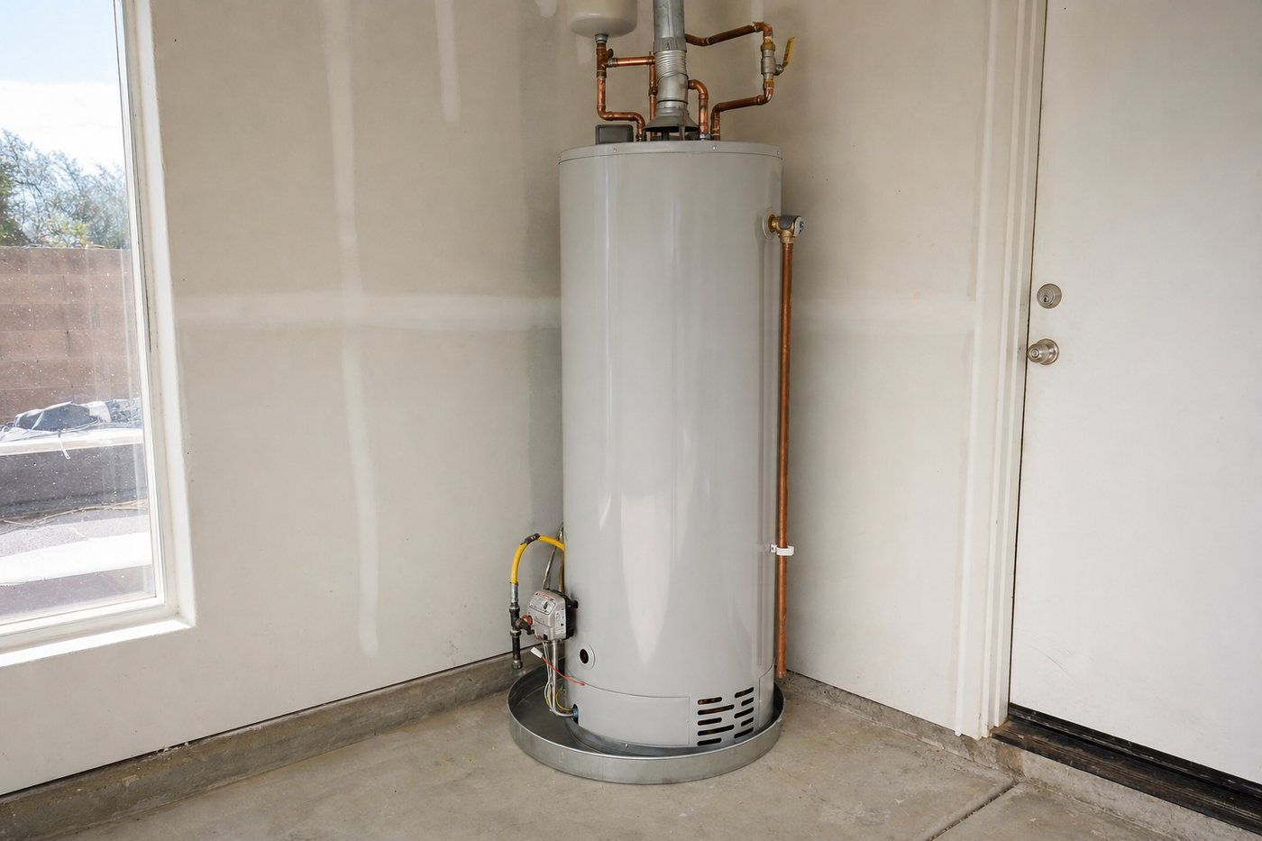 A gas water heater with copper lines in a Mesa garage